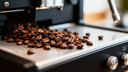 Roasted coffee beans scattered on a coffee machine tray