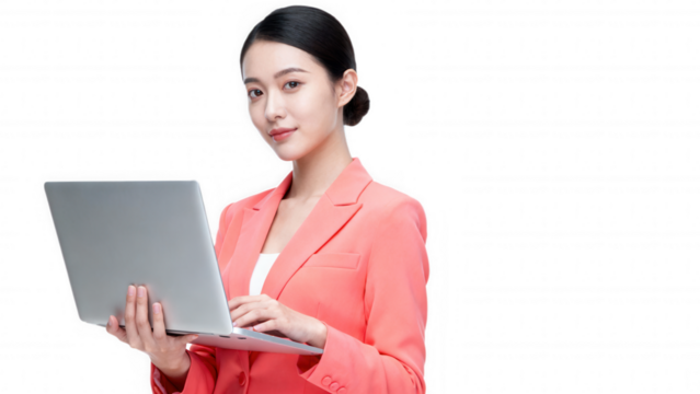 Professional woman with laptop in business attire. transparent background