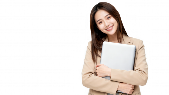 Smiling woman holding a laptop, dressed in a business outfit. transparent background - Powered by Adobe