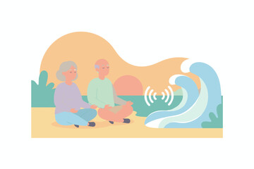 Elderly couple meditating peacefully on a beach at sunset finding calm amidst modern noise