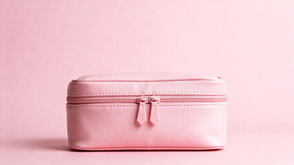 Pink rectangular cosmetic bag with zipper closure on a soft pink background