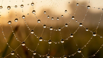 Dewdrops on a spiderweb at sunrise, glistening in the morning light