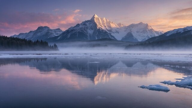 Majestic mountain landscape at dawn with reflective lake and misty forest in the foreground