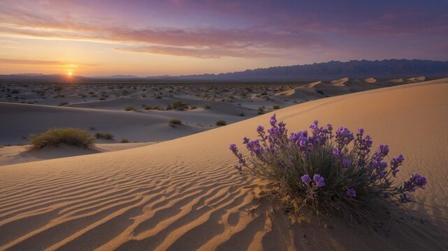 Vibrant purple flowers bloom in the golden sands of a desert at sunset, with mountains in the distance - Powered by Adobe