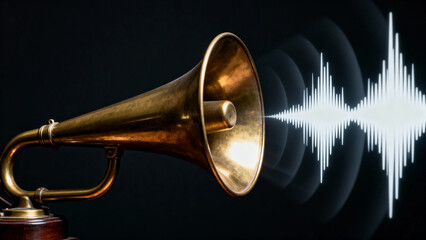 Vintage brass gramophone horn emitting sound waves against a dark background