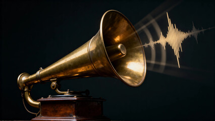 Vintage gramophone with sound wave emanating from its horn against a dark background