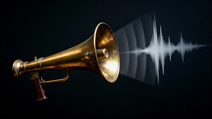 Golden vintage horn emitting sound waves against dark background