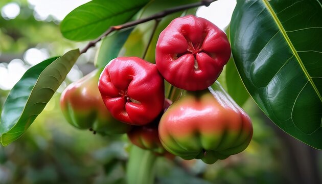 Group Of Red Greenish Water Apple Fruit Attached On Tree Syzygium Aqueum Or Water Cherry Watery Rose Apple Bell Fruit