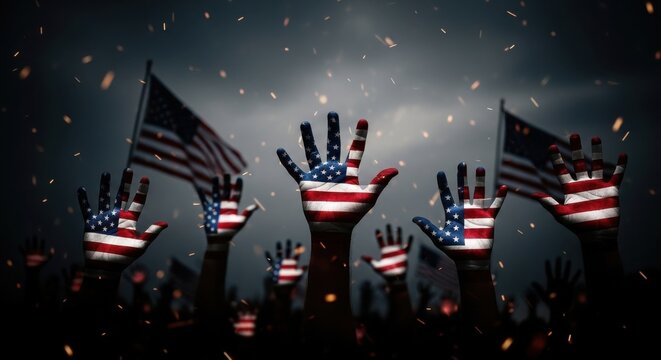 Hands painted with the American flag raised high in a show of unity and patriotism during a nighttime gathering
