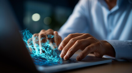 Close up of hands on laptop keyboard with cyan holographic data visualization emerging from screen AI algorithms processing business analytics dashboard technology interface