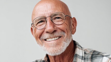 Fototapeta premium A cheerful elderly man with a beard and glasses smiles warmly showcasing happiness and warmth.