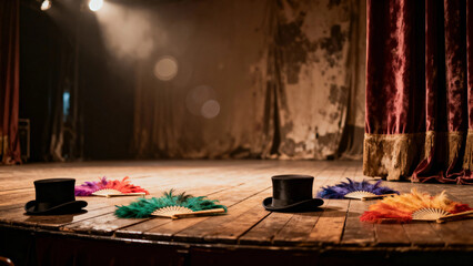 Empty stage with top hats and feather fans under dramatic lighting