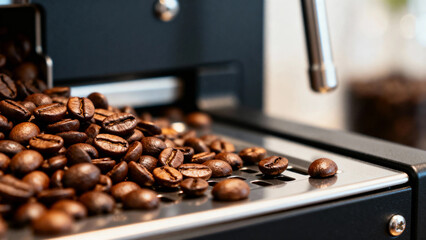 Roasted coffee beans spilling from a machine onto a metal surface