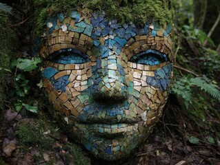 Close-up mosaic face artwork embedded in natural forest, blue and brown tiles, textured stone face with moss and ivy, contemplative woodland art piece, detailed natural sculpture