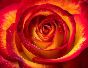 Close-up of a vibrant flower showcasing intricate petal layers with red edges fading into yellow and dew drops