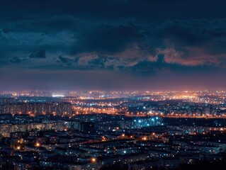 Obraz premium Expansive Urban Cityscape Night View Panoramic Metropolis Horizon Evening Clouds Dark Sky Illuminated Buildings Modern Architecture Lifestyle