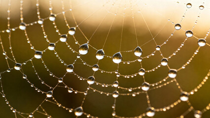 Close-up of a spider web covered in dew drops at sunrise