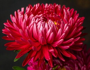 Close-up of a vibrant, fully bloomed flower with layers of red petals. Delicate stamens and inner glow. Black background