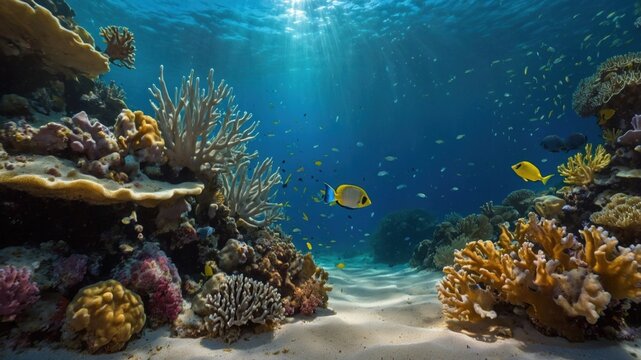 Vibrant underwater scene showcasing diverse coral reefs and colorful fish swimming peacefully