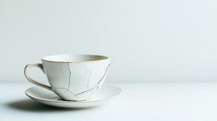 Fototapeta premium Cracked ceramic cup resting on a saucer on a minimalistic white surface