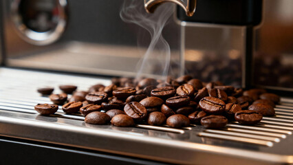 Freshly roasted coffee beans emitting steam on a metal surface near a coffee machine