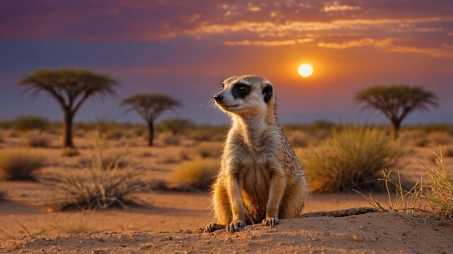 Meerkat perched on a rock during sunset in a desert landscape with sparse trees in the background