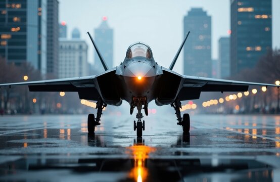 Fighter jet parked on wet runway with city skyline in the background