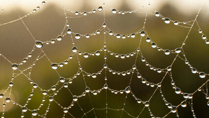 Close-up of a spider web with dew drops glistening in morning light