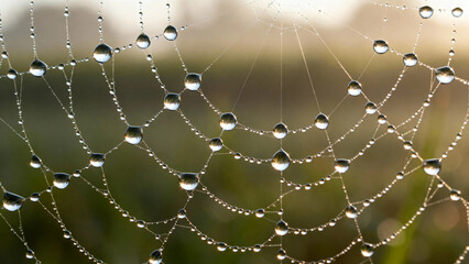 Close-up of a spiderweb with dewdrops glistening in the morning light