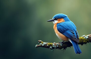 Obraz premium A colorful kingfisher perched on a moss-covered branch in a natural setting