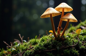Fototapeta premium Cluster of yellow-brown mushrooms growing on mossy ground in a forest setting