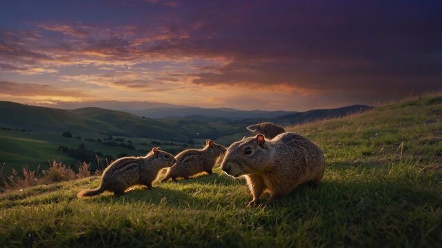Four small animals exploring a lush green hillside at sunset, with rolling hills in the background