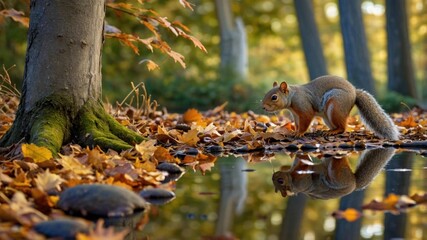 Squirrel foraging among colorful autumn leaves by a serene forest pond reflecting trees