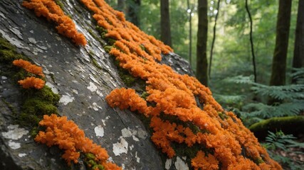 Vibrant orange fungi growing on a moss-covered rock in a lush green forest during daylight