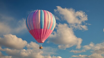 Naklejka premium A vibrant hot air balloon drifts peacefully across the sky surrounded by soft clouds at dusk.