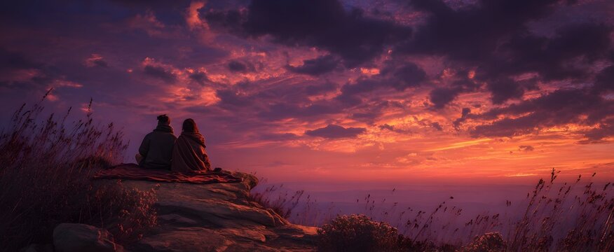 Couple meditating on cliffs edge where sunrise paints the sky like a fiery canvas.