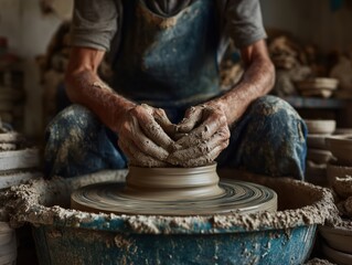 Artisan shapes clay on pottery wheel in workshop surrounded by tools and finished pieces