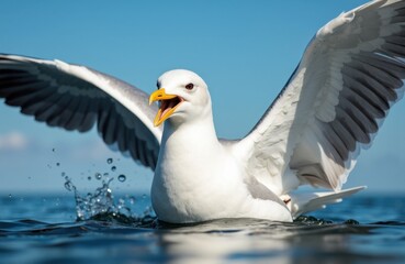Obraz premium Seagull spreading its wings while floating on water under clear blue sky