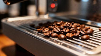 Roasted coffee beans on a metal grate of an espresso machine