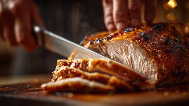 Juicy roast meat sliced and prepared for serving at a festive gathering or family meal during the holiday season