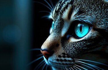 Close-up of a cat's face with striking blue eyes and detailed fur texture