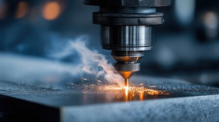 Close-up view of a laser cutting machine in action creating sparks on metal surface during manufacturing process