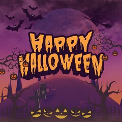 Spooky Halloween greeting card with glowing pumpkins, flying bats, creepy trees, full moon, and witch silhouette. Perfect for seasonal invitations, posters, party flyers, or festive decorations