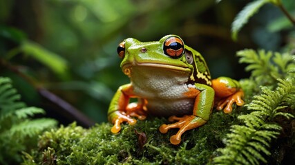 Naklejka premium Vibrant green frog perched on mossy surface in lush rainforest, surrounded by rich foliage and sunlight