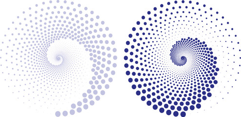 Two abstract spiral designs created with dots of varying sizes and shades of blue, creating a vortex effect.