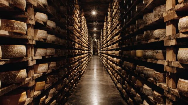 Endless Corridor Of Aged Cheese Wheels On Wooden Racks In A Dim Underground Cellar, Symmetrical Perspective Toward A Soft Warm Amber Light, Rich Textures Of Rinds, Subtle Shadows, Quiet Patina