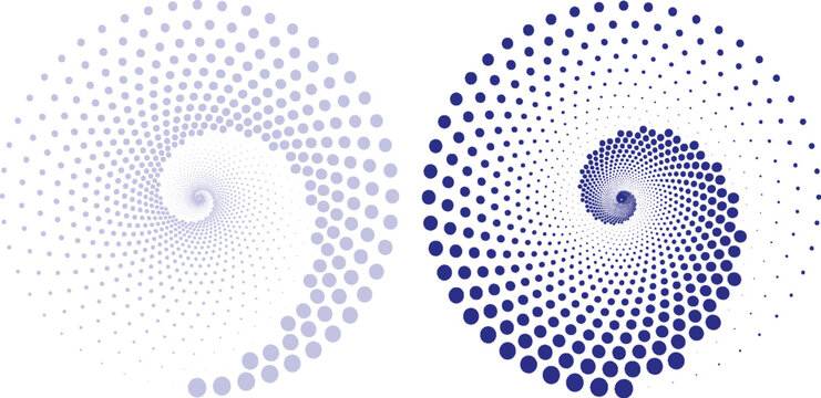 Two abstract spiral designs created with dots of varying sizes and shades of blue, creating a vortex effect.