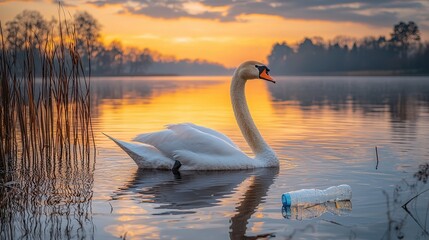 Swan swimming at sunset with plastic pollution in lake, environmental impact, water reflection, nature conservation, wildlife endangered