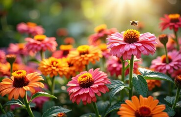 Fototapeta premium Colorful zinnias blooming in a garden with a bee flying nearby and warm sunlight in the background