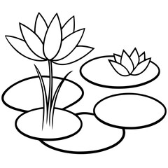 Stylized white lotus flowers and lily pads on a serene black background isolated on white background